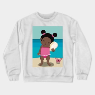 Vacation mood on - cute little dark girl having a quiet moment on the beach listening to the sound of a seashell, lighter ,no text Crewneck Sweatshirt